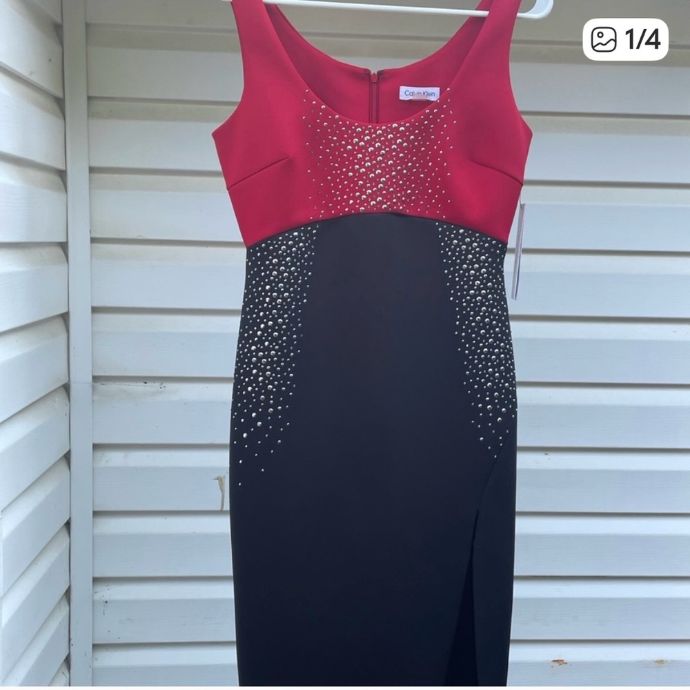Calvin Klein Lipstick Red and Black Studded Dress Size 4 metal stud accents
